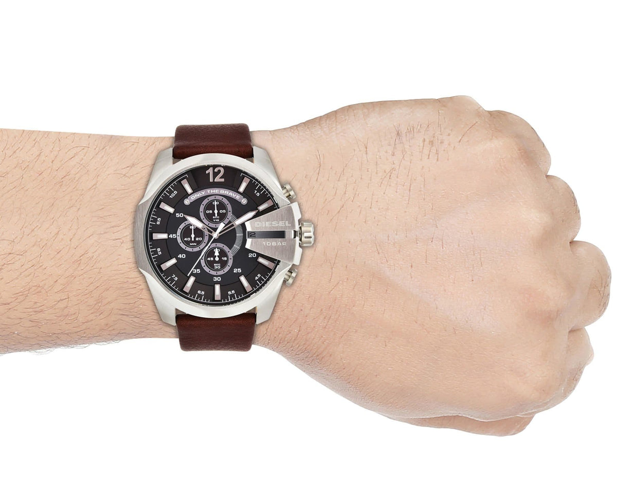 Diesel DZ4290 Mega Chief Chronograph Men's Watch – Black Dial & Brown Leather Strap